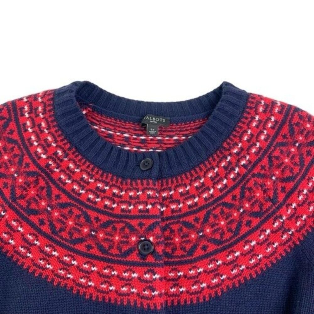 NWOT Talbots Fair Isle Cardigan in Red and Navy Blue - Picture 3 of 5